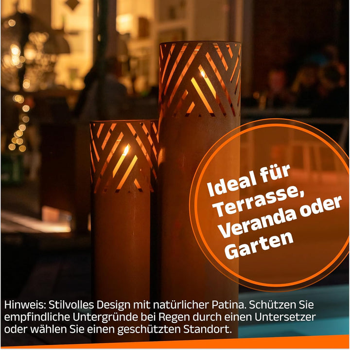 Windlichtsäule I 2er Set I Deko-Säule für Garten im Rost Industrial Design I Garten Windlicht für dr