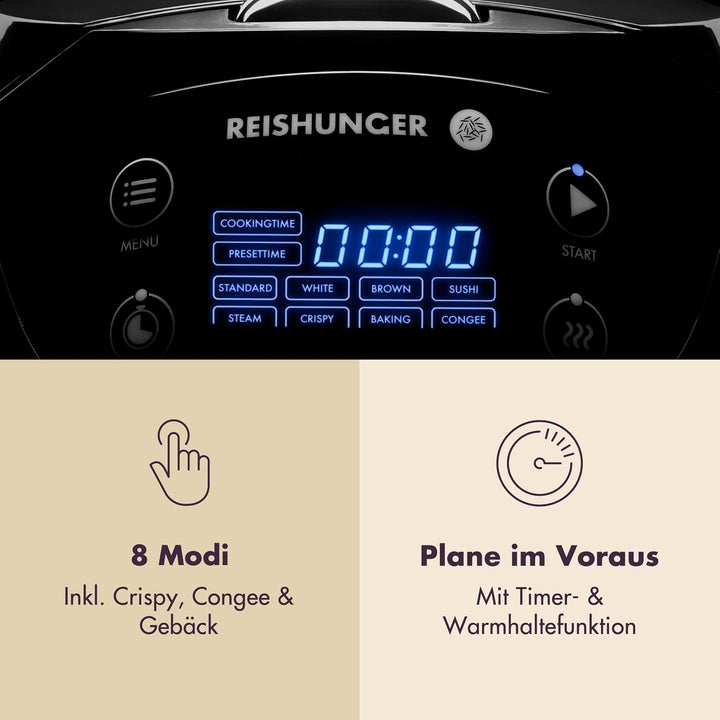 Digitaler Reishunger Mini Reiskocher und Dampfgarer in Grau - Warmhaltefunktion, Timer &amp; Premium Top