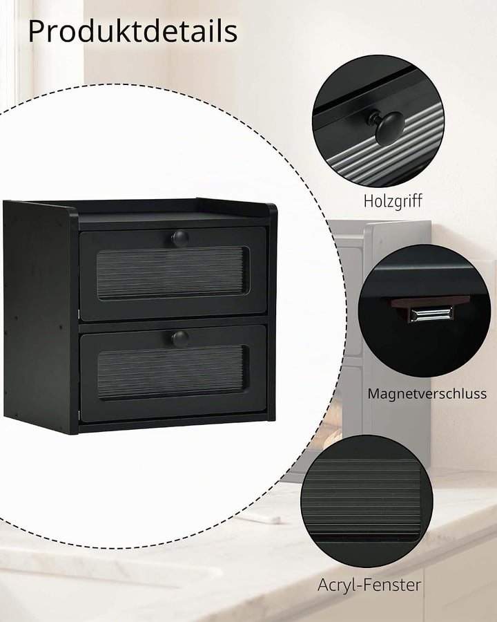 Brotkasten Schwarz 2 Etagen Grosse Brotbox aus Premium Holzwerkstoff (Antimuffa) Moderne Brotaufbewa
