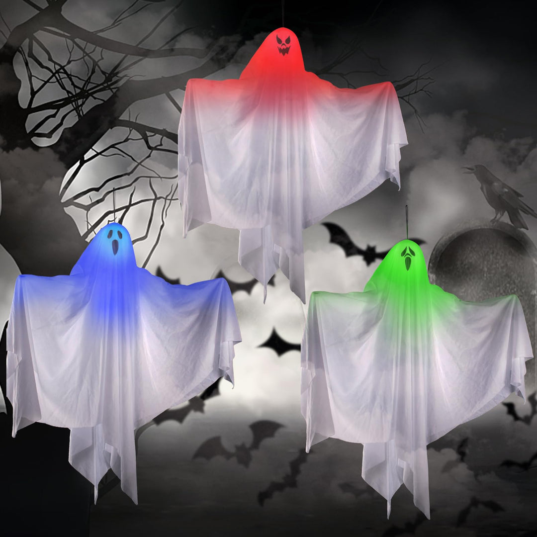 3 Stück Halloween Hängende Geister Deko, 67CM niedliche Leuchtend Gespenster fliegenden Geister, Hal