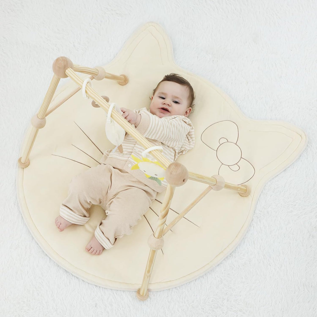 4 IN 1 Katze Spielbogen Baby, Spielmatte Babies mit Natur Holz Activity Spielbogen, 3 abnehmbaren Sp