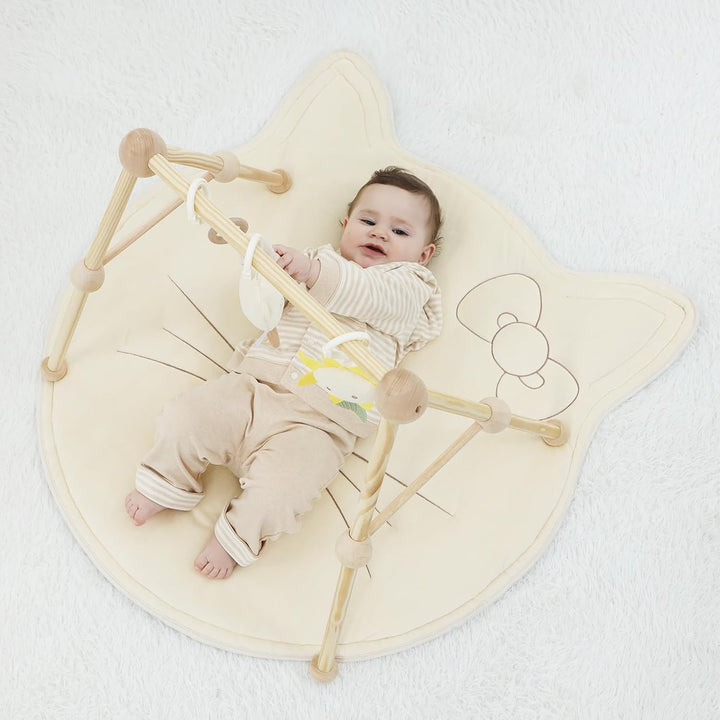 4 IN 1 Katze Spielbogen Baby, Spielmatte Babies mit Natur Holz Activity Spielbogen, 3 abnehmbaren Sp