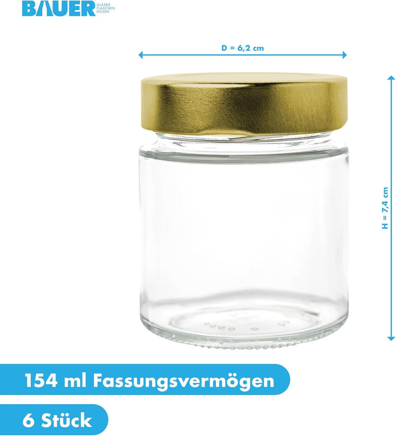 flaschenbauer - 6er Set Gewürzgläser Set 154ml - TO 58 Deep Mündung, Goldenen Deckel - Ideal für Gew