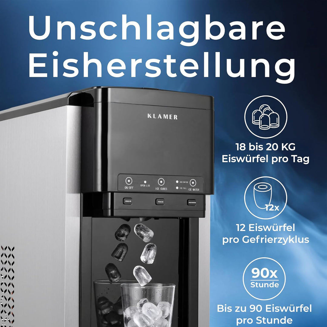 KLAMER 3-in-1 Eiswürfelmaschine, Crushed Ice & Eiswasser, 18–20 kg/24h, Kugeleis 12 Stück in 7 Min,