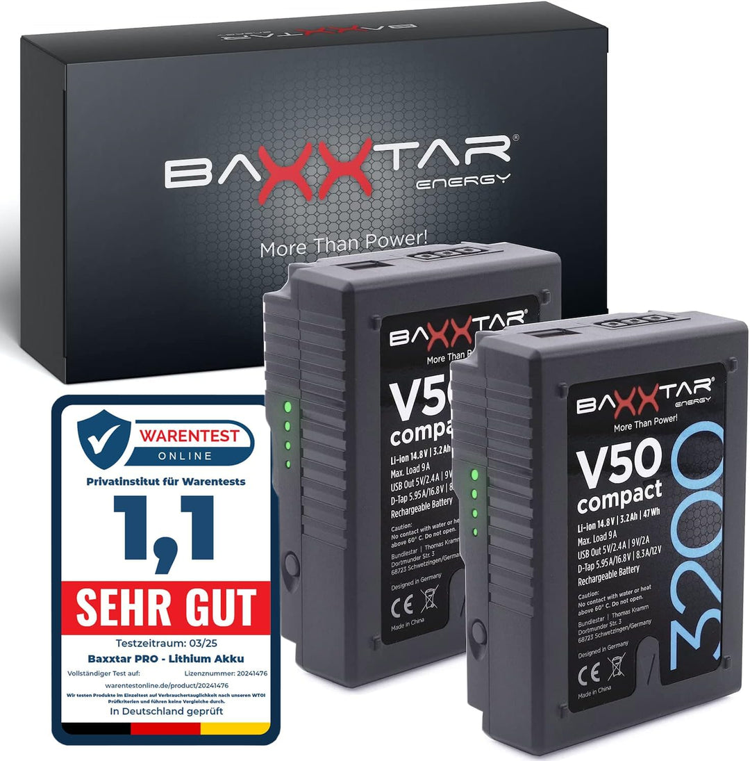 Baxxtar 2X V-Mount Akku V50 compact III (47Wh/322g) LG Cells Inside (echte 3200mAh) - mit D-Tap und