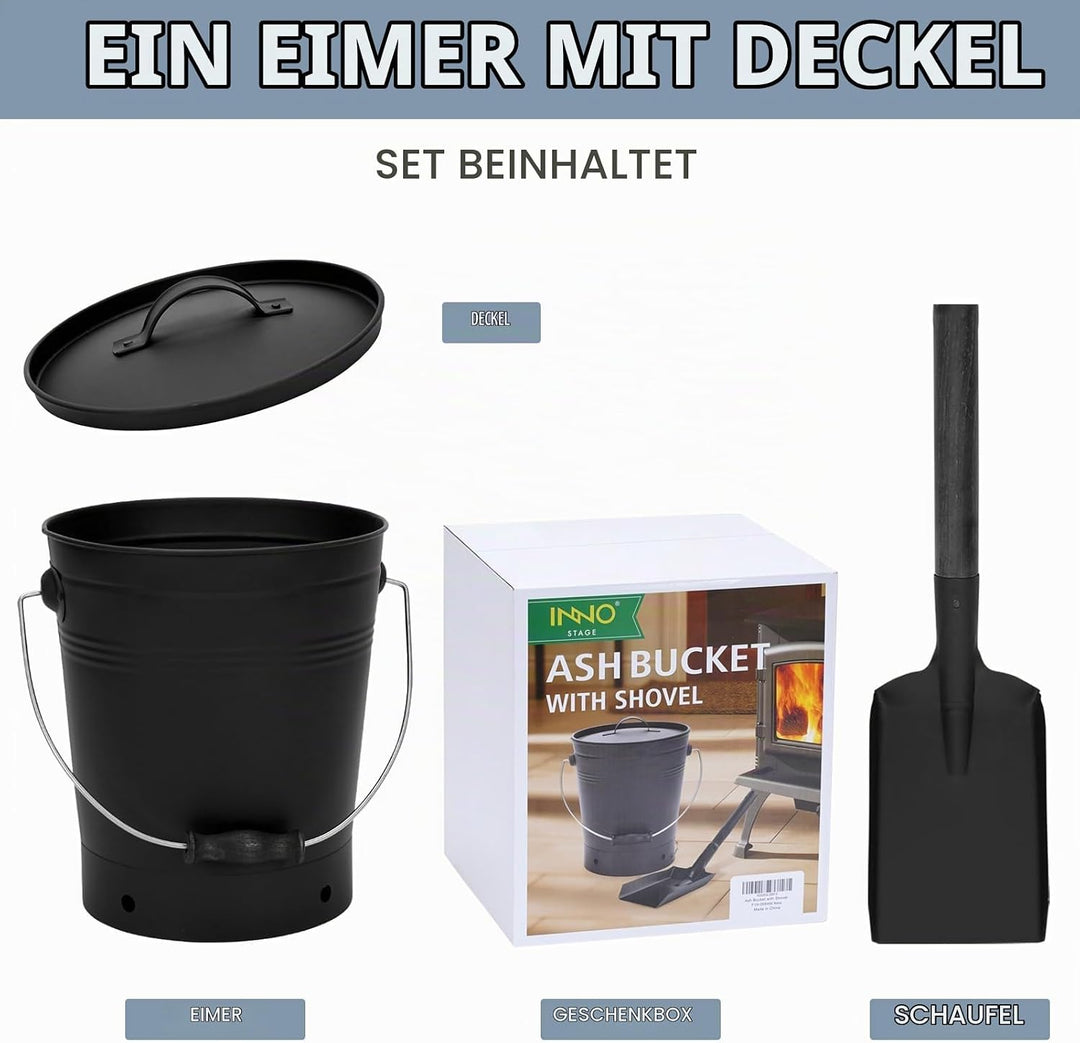 INNO STAGE Ash Eimer mit Deckel und Holzgriff Kohleschaufel, Aschenträger Pail Kamin Werkzeuge, Feue