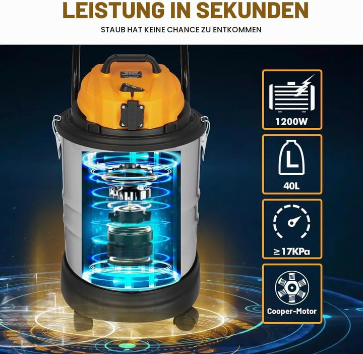 Hoteche 1200W Nass-Trockensauger - 40L Metallbehälter, 1.4m³/min Luftstrom, 15KPa Saugkraft, mit Bla