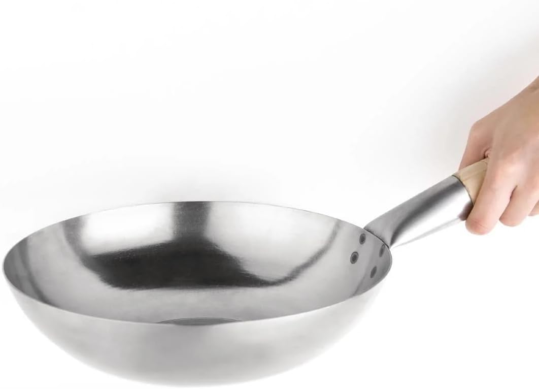 Vogue Wok-Bratpfanne mit flachem Boden aus Stahl, 240 mm, hitzebeständiger Holzgriff, rustikales Des