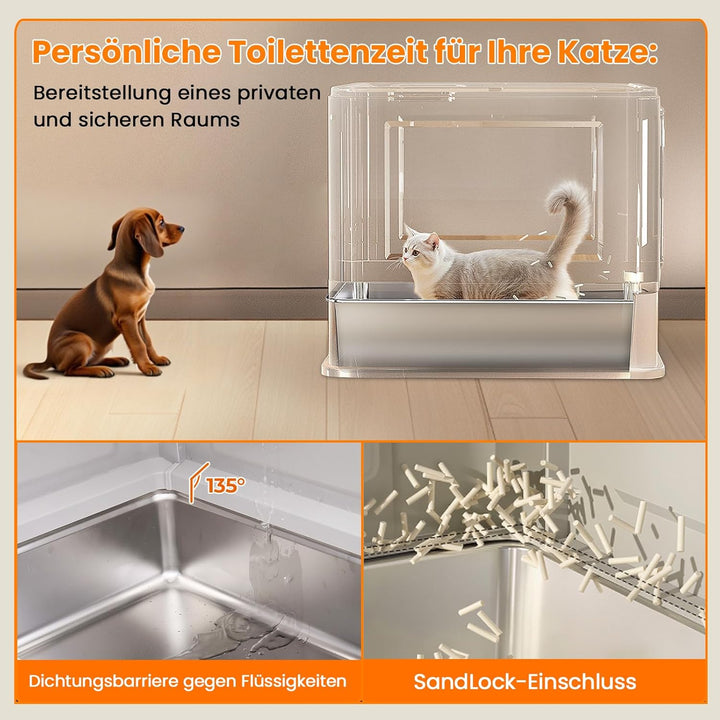 Katzentoilette, Edelstahl Katzenklo mit Deckel und ausziehbares Tablett, Hop in Katzenklo XXL mit Ka