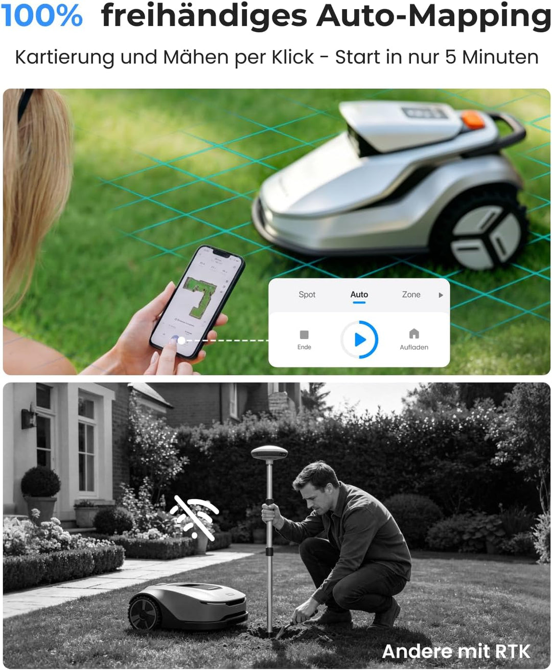 TerraMow V600 Mähroboter ohne Begrenzungskabel mit Garage, Tri-AI Vision-Technologie ohne Kabel-/RTK