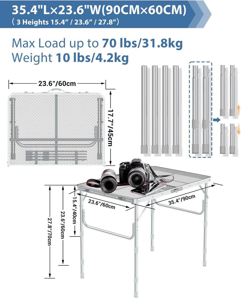 Sportneer Grilltisch Outdoor Klappbar 90×60cm - Campingtisch Klappbar 3 Höhenverstellbar Gartentisch