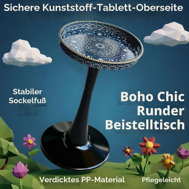 Eleganter runder Beistelltisch – 33 cm künstlerisch gemusterter Getränketisch mit glänzender Tablett