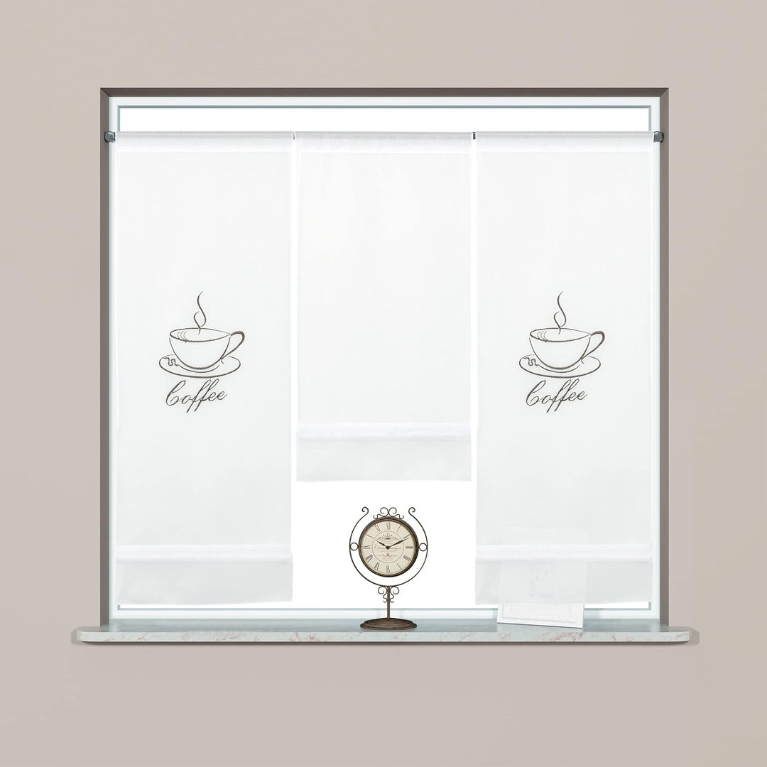 Design Mini Flächenvorhang Set Bestickt Kaffee Coffee | 4057-01 | 3 Teile | Scheibengardine Gesamtbr