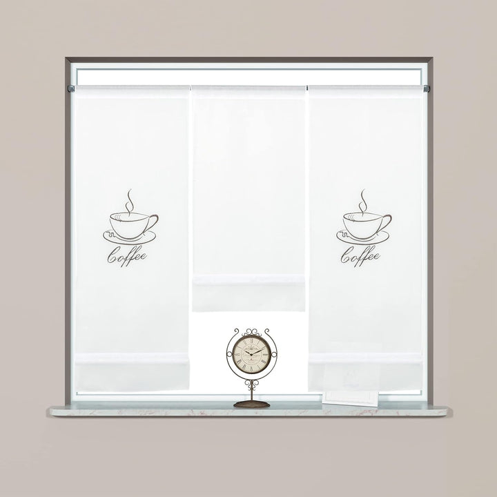 Design Mini Flächenvorhang Set Bestickt Kaffee Coffee | 4057-01 | 3 Teile | Scheibengardine Gesamtbr