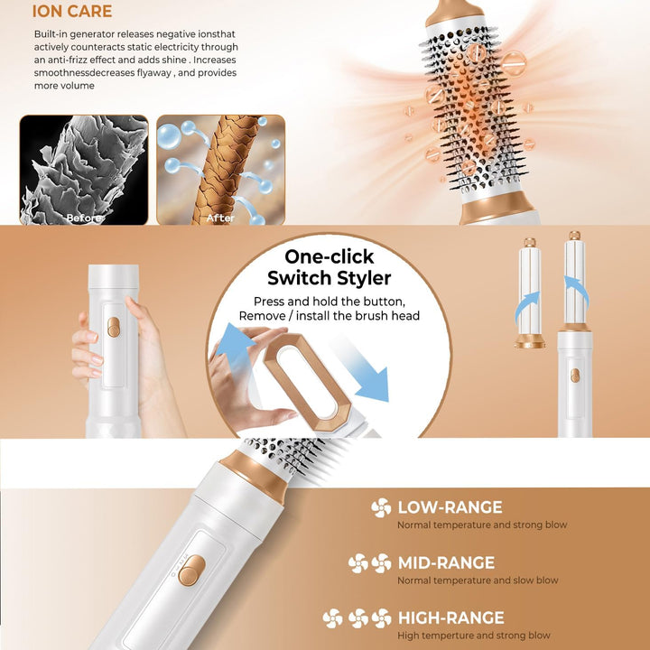 Airstyler 5 in 1 Hair Styler 1000W Warmluftbürste Set mit Auto Lockenstäbe,1000W Haartrockner Air br
