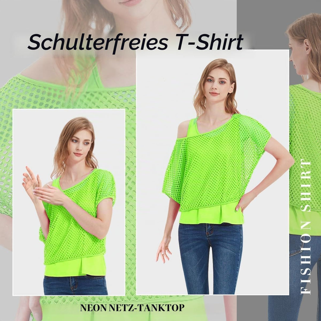 WILDPARTY 80er 90er Jahre Outfit Damen, Netzshirt, Tank top, Beinwärmer, Netzhandschuhe, Kostüm 80er