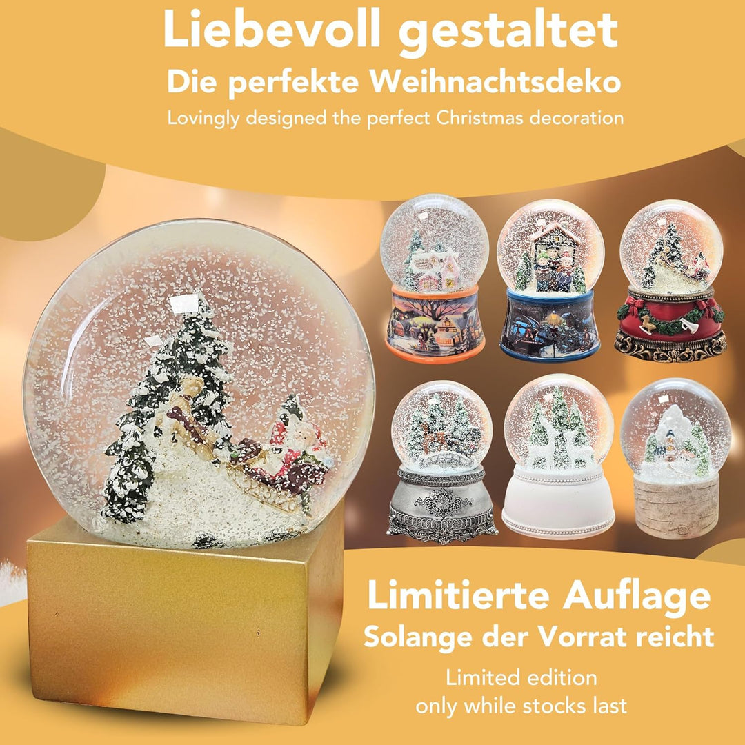 Weihnachts-Schneekugel | Weihnachtsmann mit Geschenken | Farbe rot Gold | 100mm breit, 120mm hoch |