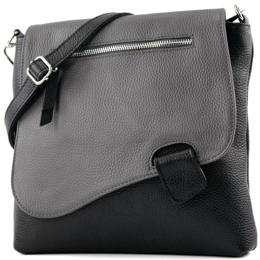 modamoda de - T146 - ital Messengertasche Umhängetasche aus Leder Schwarz/Dunkelgrau2021, Schwarz/Du