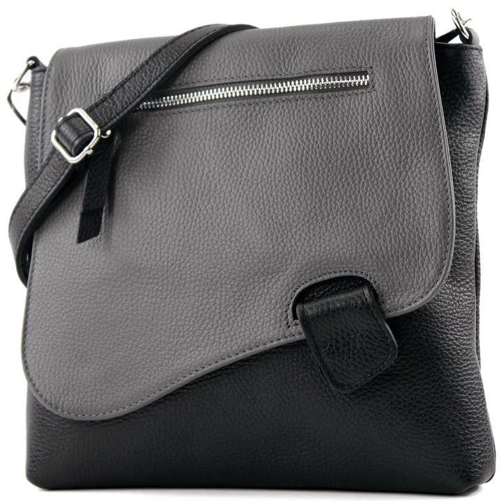 modamoda de - T146 - ital Messengertasche Umhängetasche aus Leder Schwarz/Dunkelgrau2021, Schwarz/Du