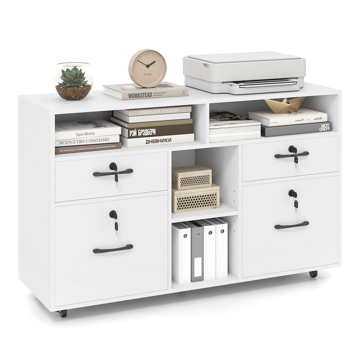 COSTWAY Rollcontainer mit 4 Schubladen, mobiler Aktenschrank abschliessbar mit verstellbarem Regal &