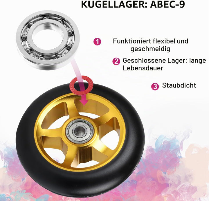 Stunt Scooter Rollen, 2 Stück Scooter Ersatzräder, 100mm Scooter Räder mit ABEC, 9 Kugellager, Härte