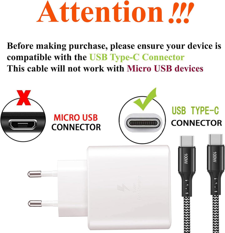 45W USB C Schnellladegerät Super Fast Netzteil USB C Ladegerät mit (2m, 100W) USB C Nylon Kabel für