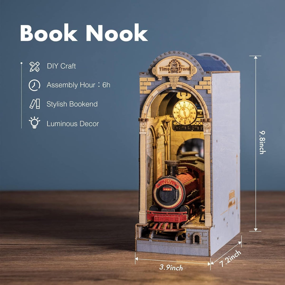RoWood Book Nook Kit, DIY Booknook Buchstütze Modellbausatz aus Holz - Miniatur Haus mit Licht, 3D H
