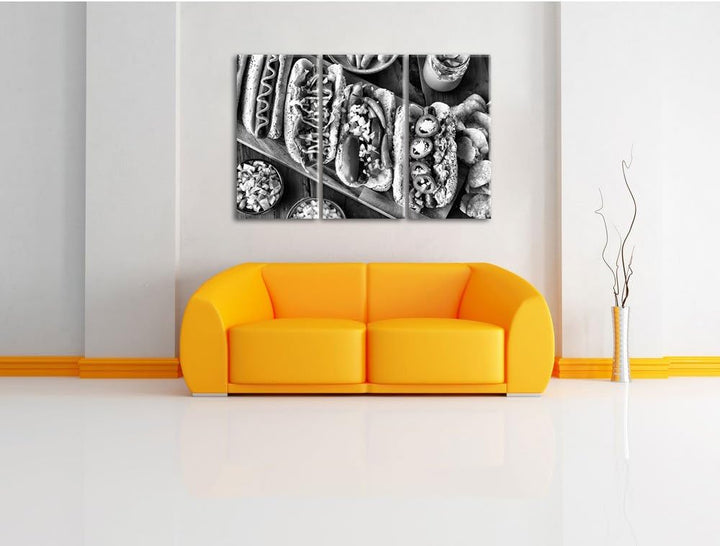 Pixxprint Amerikanische Hotdogs als Leinwandbild/Grösse: 3 Teilig (120x80) cm/Wandbild/Kunstdruck/fe
