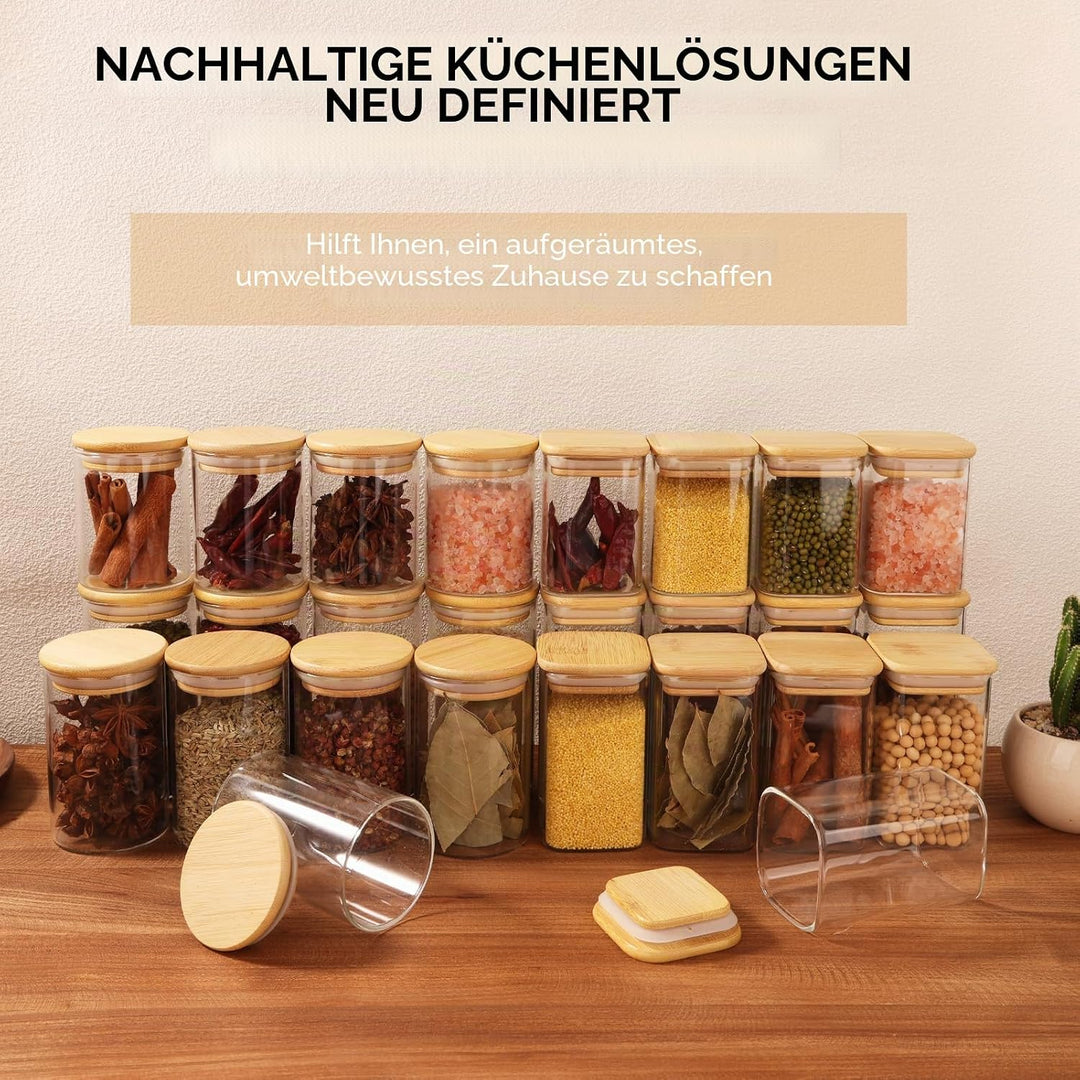 Cinnani 300ml Gewürzgläser Rund Set luftdicht mit Holzdeckel, 12 Stück Gewürzdosen Glas Gewürzbehält