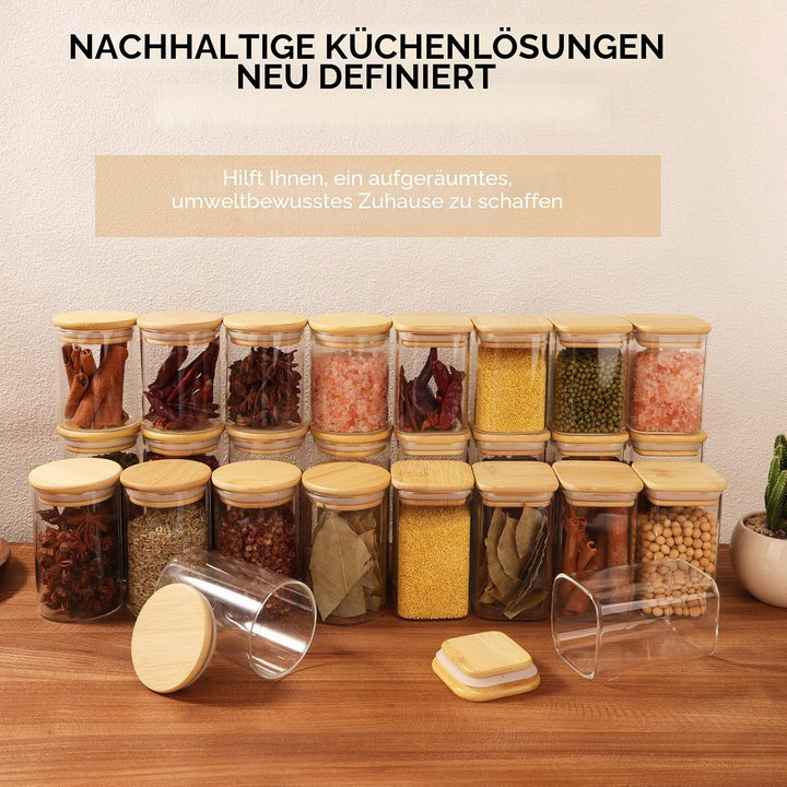 Cinnani 300ml Gewürzgläser Rund Set luftdicht mit Holzdeckel, 12 Stück Gewürzdosen Glas Gewürzbehält