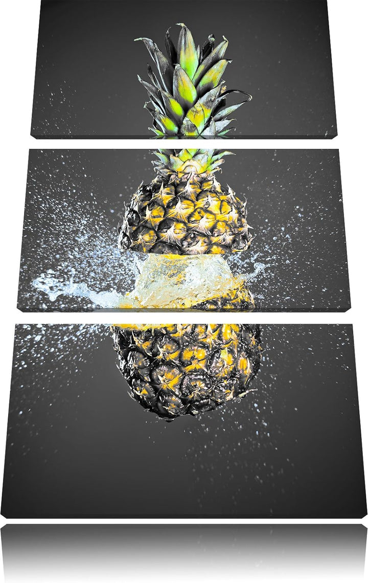 Pixxprint Ananas mit Wasser bespritzt als Leinwandbild/Grösse: 3 Teilig (120x80 cm) cm/Wandbild/Kuns