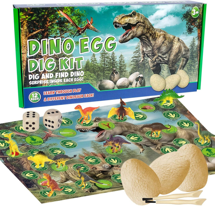 Dino Ei Ausgrabungsset, 12 Stück Dinosaurier Eier mit Ausgrabungswerkzeug, Lernkarten & Spielmatte,