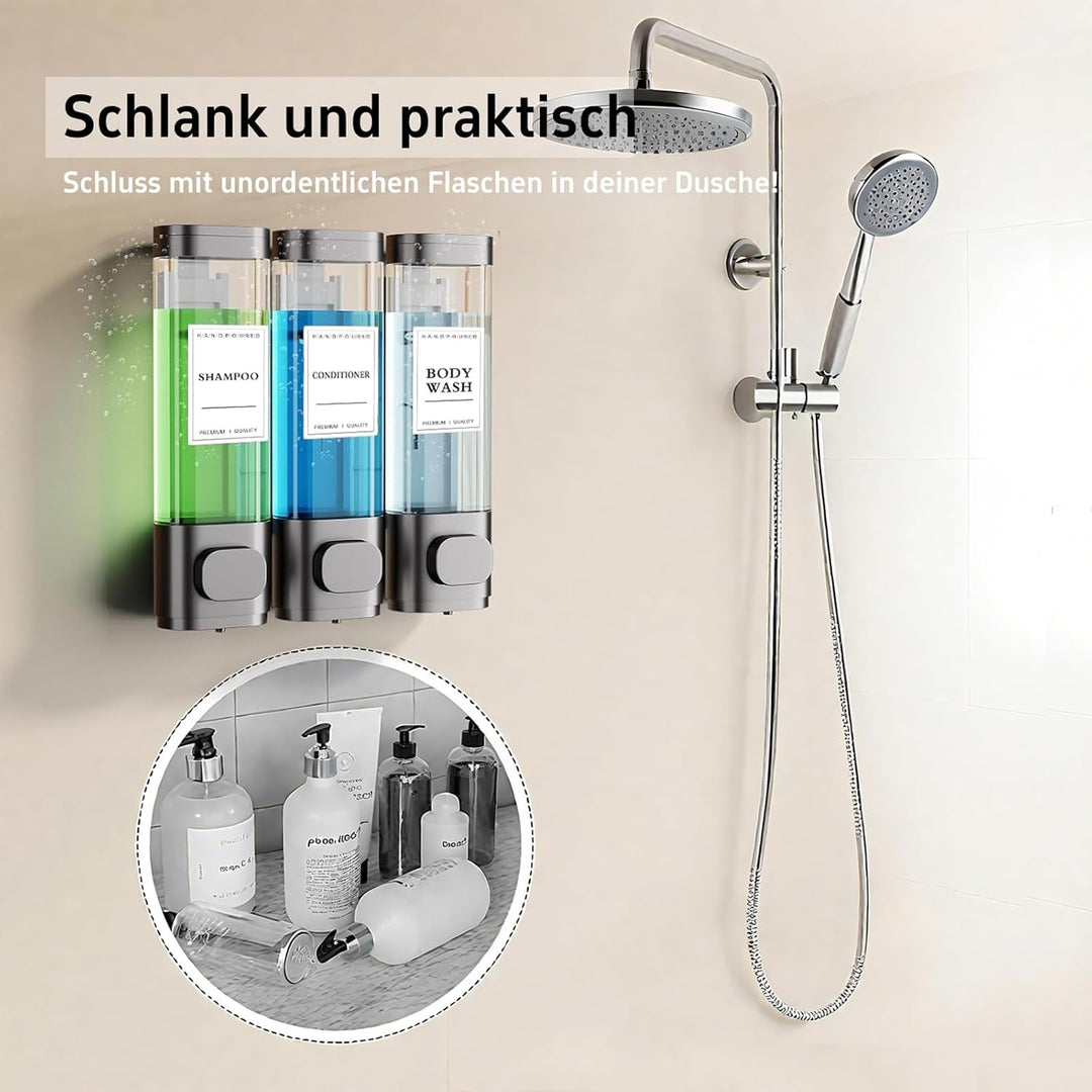 3-Kammer-Wand Shampoo Spender für Dusche Jeweils 300 ml, Duschgel Spender Wand Ohne Bohren für Badez
