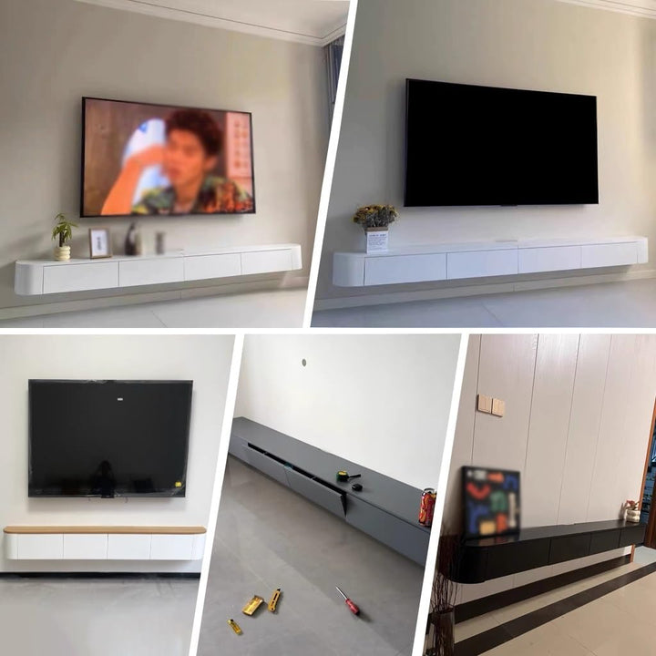 weiss TV Hängeboard Schwebend,Fernsehschrank 140cm lang,TV Lowboard mit 2 Schubladen,Keine Montage e