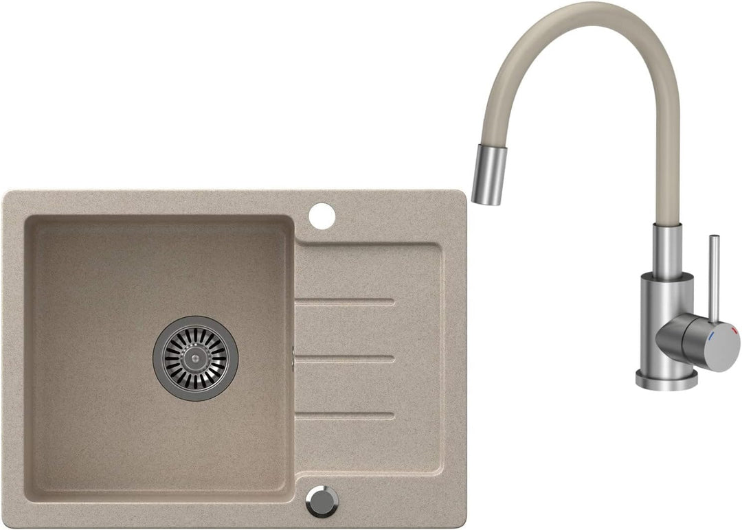 VBChome Spülbecken mit Armatur 60 x 44 cm Einzelbecken Beige Granit Rechteckig Reversibel Einbauspül