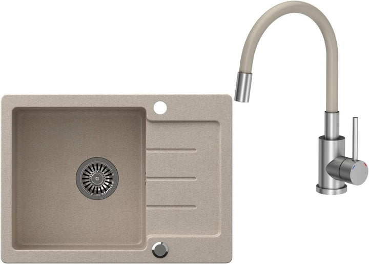 VBChome Spülbecken mit Armatur 60 x 44 cm Einzelbecken Beige Granit Rechteckig Reversibel Einbauspül