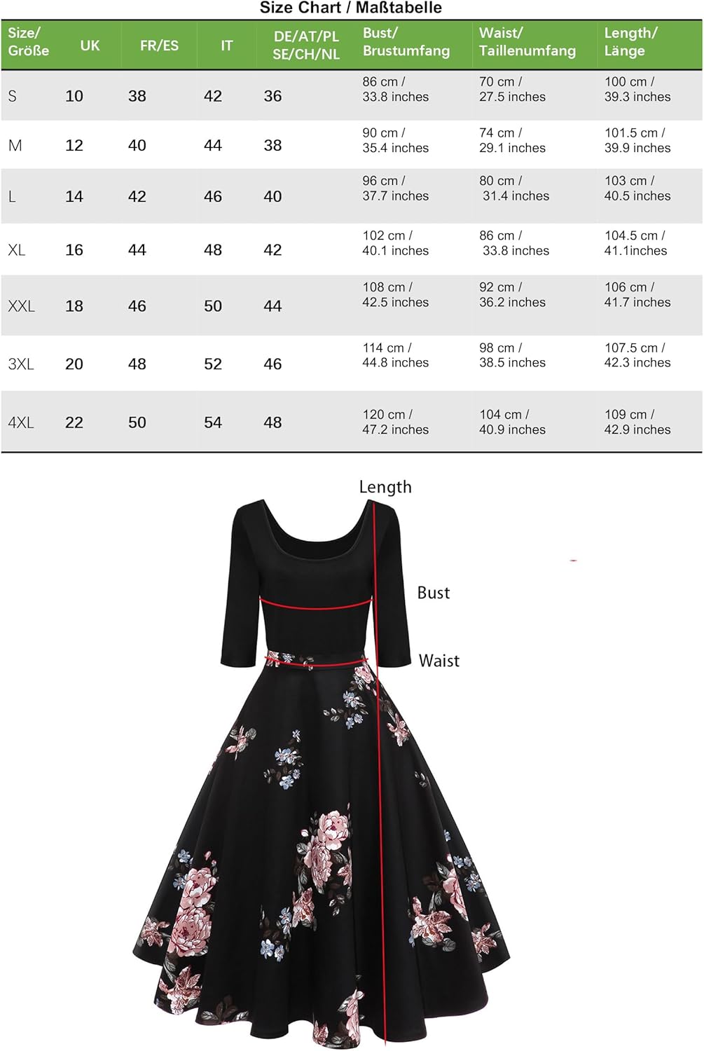 AXOE Damen A-Linie Kleid 60er Jahre Rockabilly 3/4 Ärmel