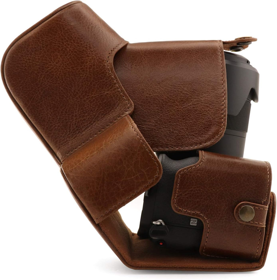 MegaGear Ever Ready Echtleder Kameratasche mit Trageriemen kompatibel mit Sony Alpha A6600 Dunkelbra