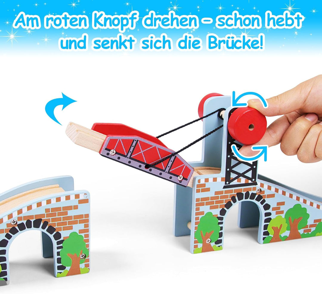 Holzeisenbahn Zubehör, Holzeisenbahn Brücke mit Drehkurbel, Kompatibel mit Alle Eisenbahn Holz Syste