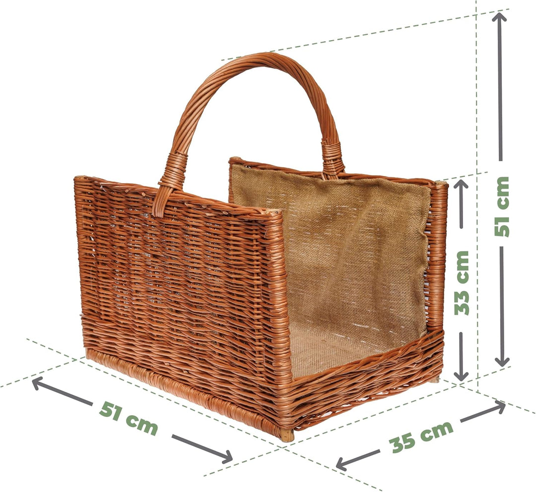 BOGATECO Weidenkorb mit quadratischem Griff | Grosser Kaminkorb 51X35X33 | Handgewebt | Mit Jute aus
