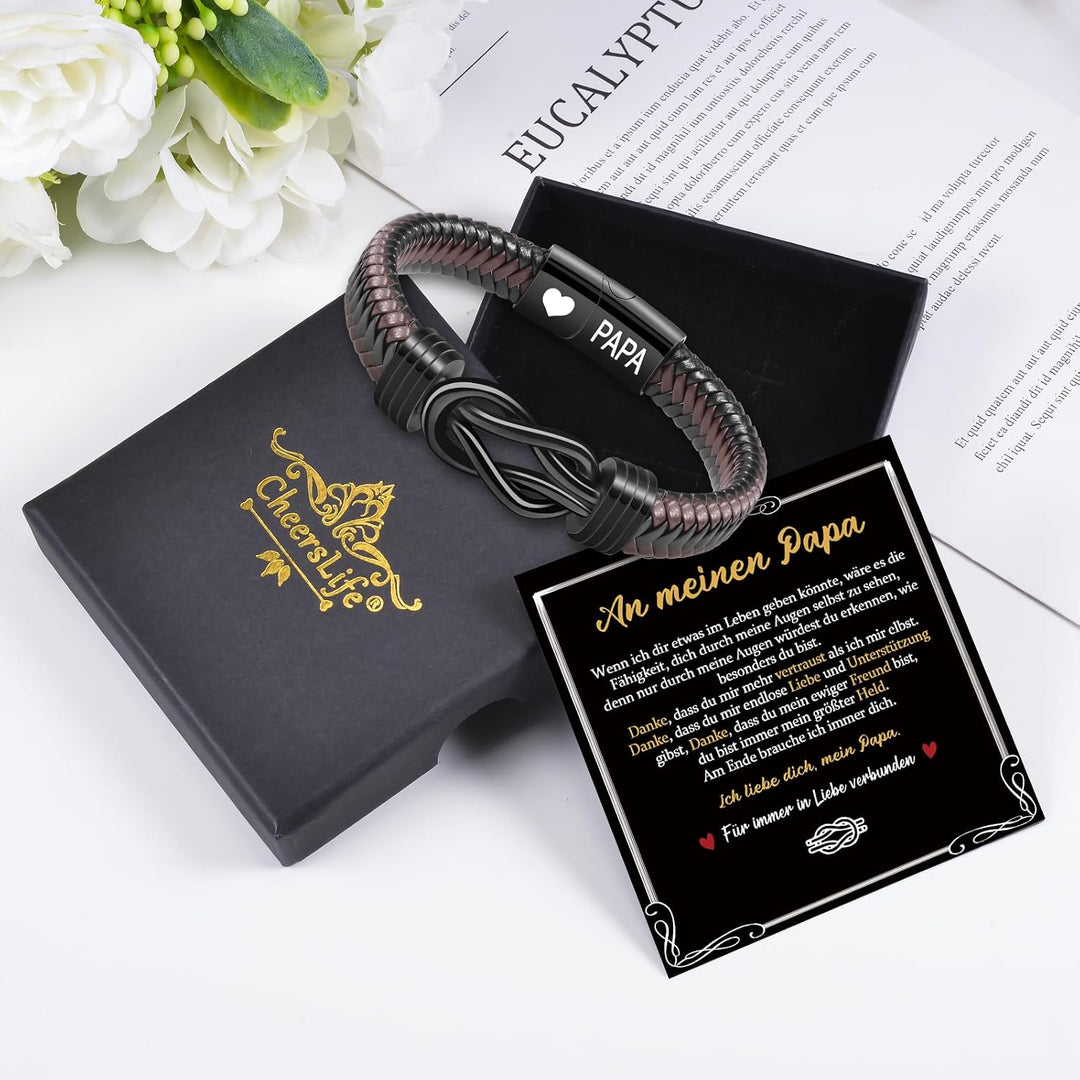 CheersLife Knotenarmband Geschenk Für Männer Braun Geflochtenes Leder Edelstahl Unendlichkeit Armbän