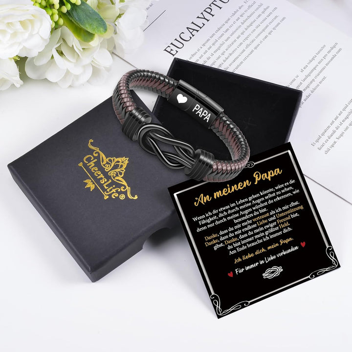 CheersLife Knotenarmband Geschenk Für Männer Braun Geflochtenes Leder Edelstahl Unendlichkeit Armbän