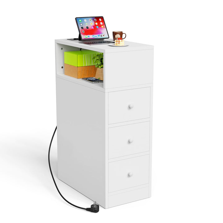 PIPIPOXER Nachttisch schmal, Nachttisch mit Steckdose & USB, Nachtschrank mit 3 Schublade, 1 Offenen