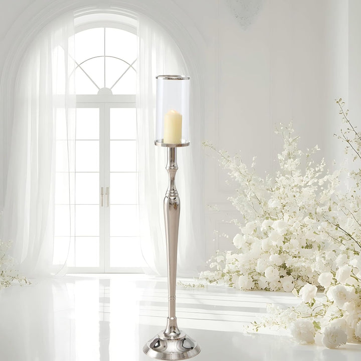 Alte Welt Grand Hotel Säulenkerzenhalter, Bodenleuchter, Glastülle, Silber Aluminium Nickel, 109 cm