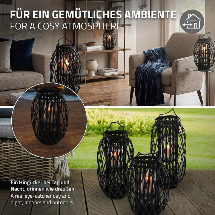 ECD Germany Laterne Ried 40xØ26 cm mit Henkel, Schwarz, Seilfaser, Flechtoptik, Rattan Windlicht mit
