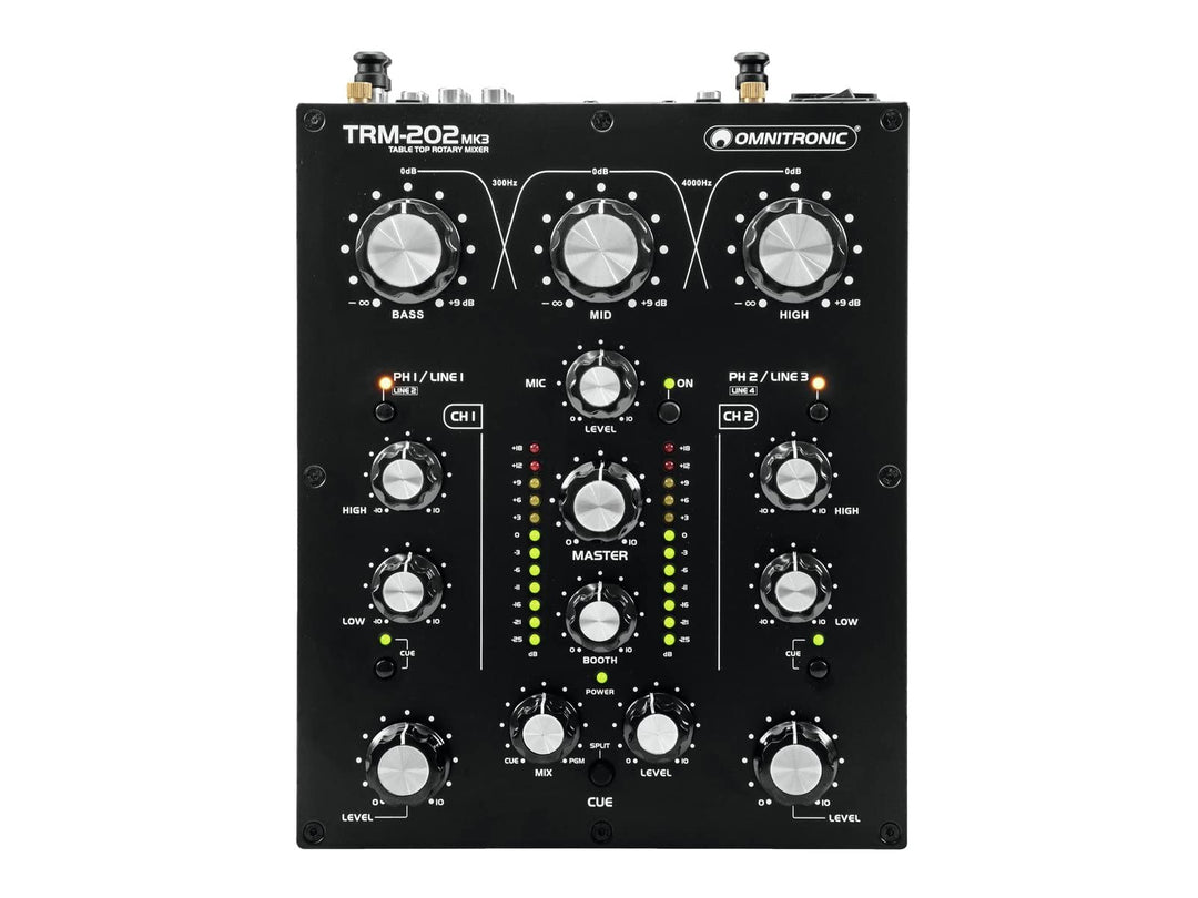OMNITRONIC TRM-202 MK3 2-Kanal Rotary-Mixer mit 3-Band-Frequenzisolator | Gainregler, 2-Band-Equaliz