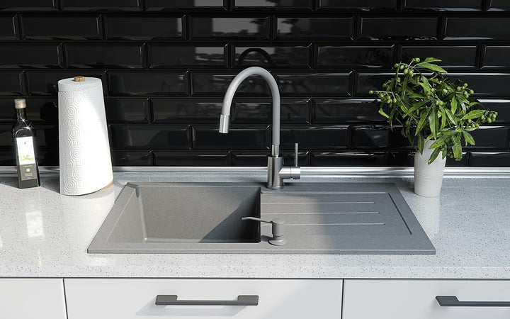 QUADRON Spülbecken Spüle Küche Granit | Grösse 77 x 44 x 18,5 cm, Beige & Stahl | JOHNNY 111 Granits