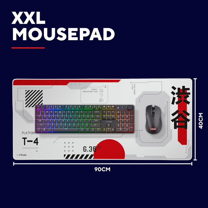 GXTrust 759 Gaming Mauspad XXL Japan Weiss, Mauspad 900x400 mm mit Vernähter Rand, Optimierte Gewebe
