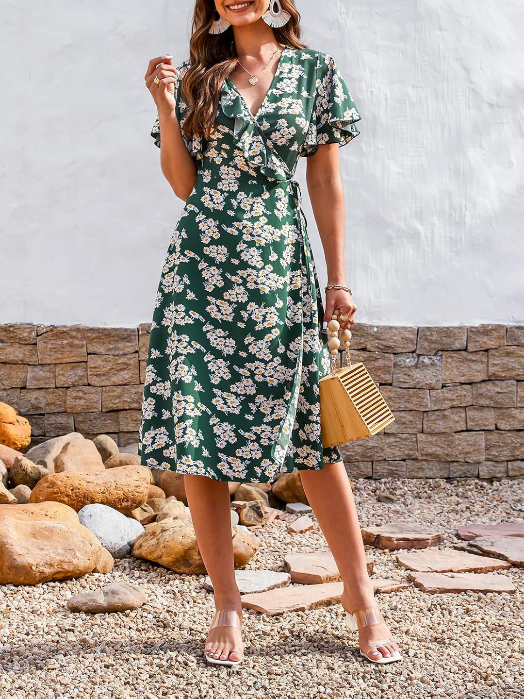 CUPSHE Damen Sommerkleid Rüschen V Ausschnitt Wickeloptik Kurzarm Blumenmuster Freizeitkleider Vinta