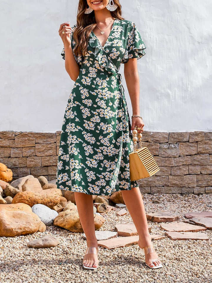 CUPSHE Damen Sommerkleid Rüschen V Ausschnitt Wickeloptik Kurzarm Blumenmuster Freizeitkleider Vinta
